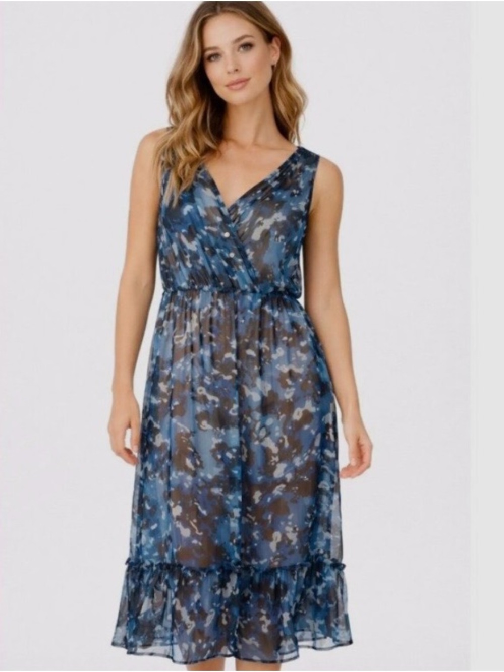 CONVERSE ONE STAR, Sleeveless Blue Floral Print V-Neck Midi Dress, Size XS
